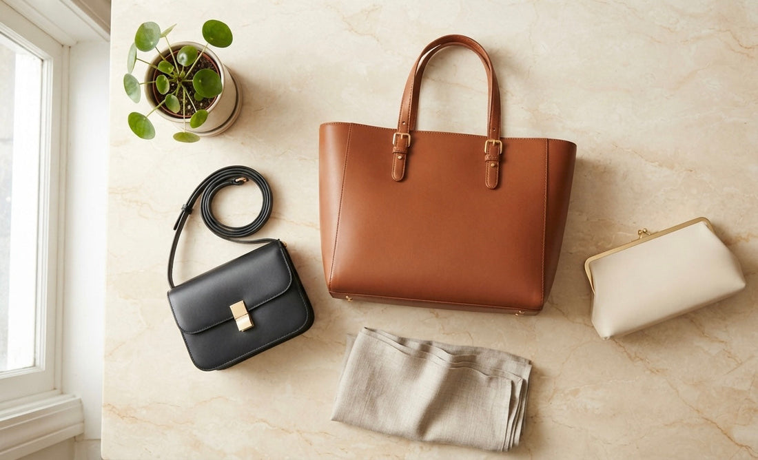 Sac bandoulière, sac cabas et pochette de soirée de luxe Veelena, présentés sur un plan de travail en marbre